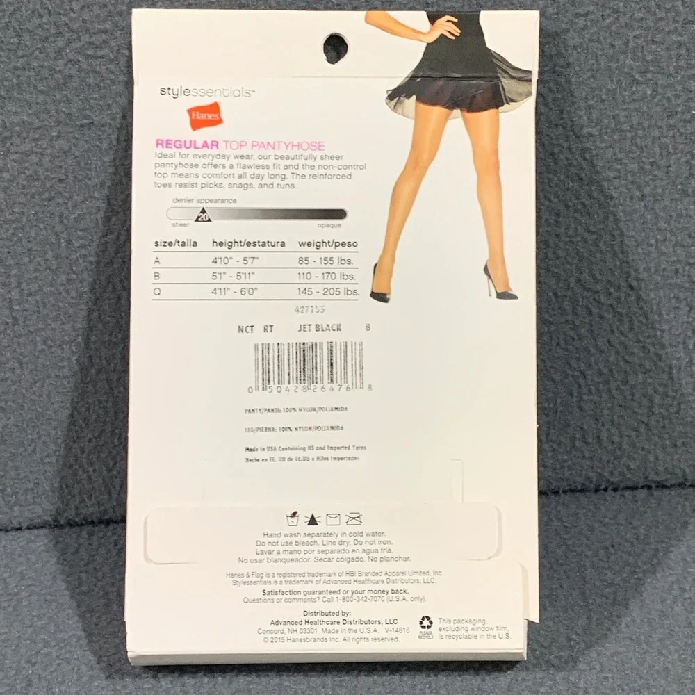Hanes Regular Top Pantyhose Jet Black Size B 2 Pair‎ Sheer Leg 110-170 lbs